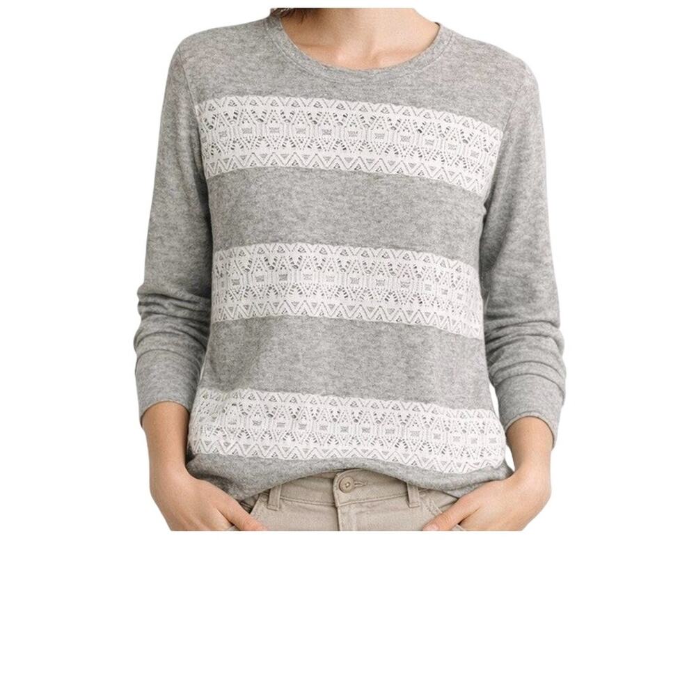 GH Bass Sweater Womens L Gray Pullover White Lace Stripe Long Sleeve Cotton